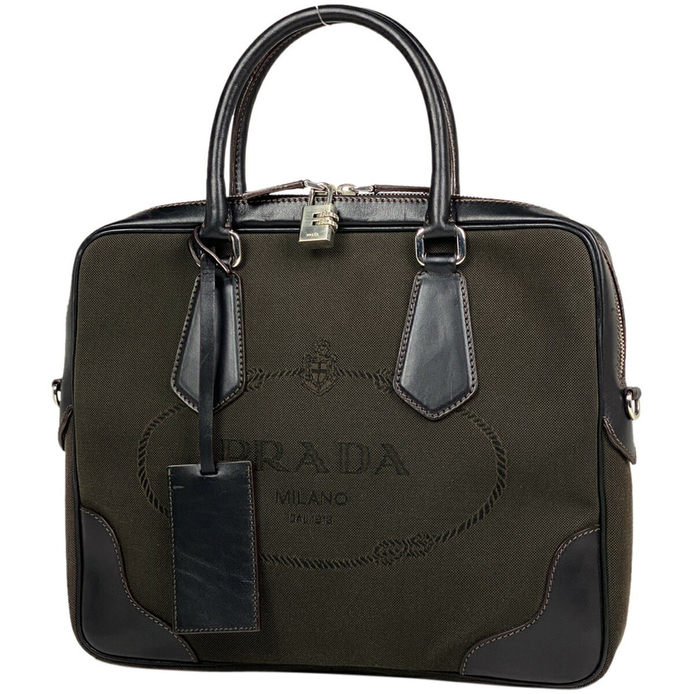 Prada logo business bag handbag briefcase document canvas brown